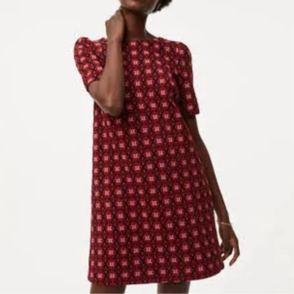 LOFT Red, Back, &‎ White Short Sleeve Patterned Dress Size S